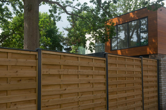 Image showcasing Durapost horizontal composite fence panels held together by durapost steel fence posts in anthracite grey 