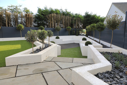 Image of a modern garden showcasing durapost SLEEK aluminium privacy fence panels in black